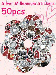 50Pcs Silver Millennium Y2K Stickers Retro Aesthetic Leopard Print Metallic Heart Graffiti Stickers For Water Bottle Luggage Phone Notebook Guitar DIY Crafts Stickers - Multicolor - View 1