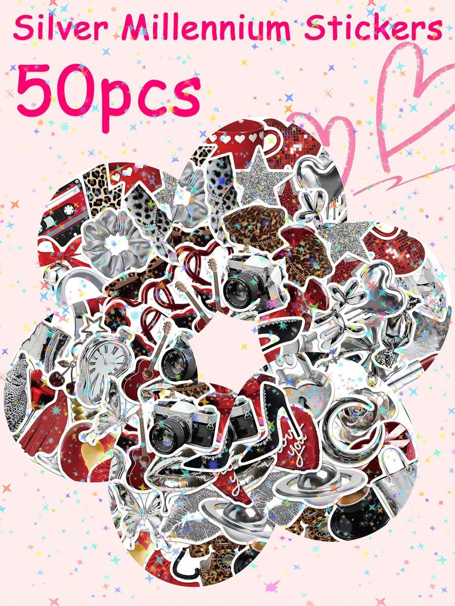 50Pcs Silver Millennium Y2K Stickers Retro Aesthetic Leopard Print Metallic Heart Graffiti Stickers For Water Bottle Luggage Phone Notebook Guitar DIY Crafts Stickers - Multicolor - View 1
