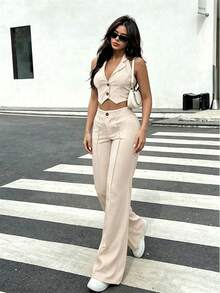 Old Money Style Elegant Beige Sleeveless Short Vest + High-Waist Wide-Leg Pants 2 Pieces Set, Slim Fit, Versatile Summer - Apricot - View 1