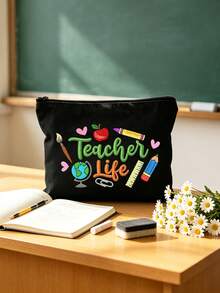 Portable Cosmetic Organizer For Teachers, "Teacher Life" Faux-Embroidery Style Print (2d); Travel Toiletry Bag. Large Capacity Stationery Pencil Case, Suitable For Commuting, Travel, Unique Teacher's Day, Back To School, Birthday, Party Gift - Multicolor - View 2