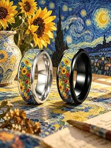 1PC Retro Van Gogh Starry Night Sunflower Pattern Stainless Steel Men Ring, Art Style Unique Men Jewelry, Daily Wear Anniversary Gift - Ring - View 2