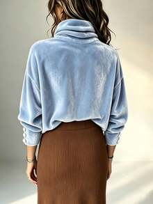 Women Cowl Neck Velvet Sweatshirt, Long Sleeve Drop Shoulder Top With Button Cuffs, Casual Fall Winter Loose Pullover - Blue - View 3