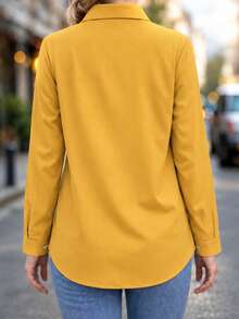 New Arrival All Season Fashion Women's Long Sleeve Button-Up Shirt With Faux Pockets - Yellow - View 2