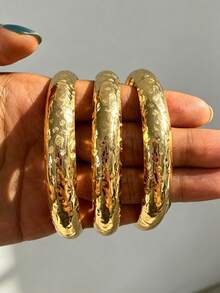 3pcs/Set Vintage Elegant Casual Style Wide Plain Metal Iron Sheet Bangle Bracelet Set, Suitable For Women's Daily, Party, Vacation Wear And Holiday Gift - Gold - View 4