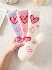 2 Pairs White & Pink Fuzzy Women's Mid-Calf Socks, Heart Pattern Warm Socks, Soft & Comfortable, Random Color - Multicolor - View 10