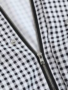 Women's Autumn Plaid Woven Fabric Stand Collar Short Jacket With Zipper And Button Double Breasted Hem Drawstring Loose Drop Shoulder Vintage Casual Style For Daily Commute Shopping And Outings - Black and White - View 6
