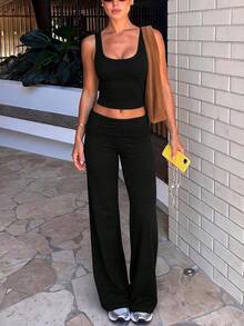 Women's Elegant Street Style Hot Girl Solid Color Cropped Tank Top And Long Pants Set - Black - View 3