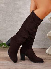 WTKMRSSTEP Vintage Ruched Stacked Boots Women's Chunky Heel High Heel Minimalist Versatile High Shaft Riding Boots - Brown - View 5