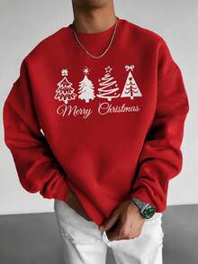 Áo nỉ nam FRACTYR Giáng sinh dáng rộng cổ tròn, in họa tiết cây thông Noel vẽ tay và slogan Merry Christmas, kiểu chui đầu - Đỏ - Xem 3