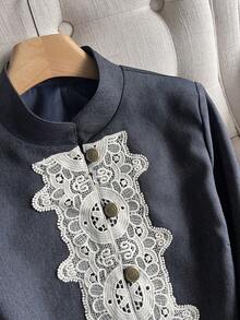 FGGG Women's Colorblock Lace Placket Long Sleeve Stand Collar Slim Fit Cropped Denim Jacket, Deep Blue, Playful Ballet Style, Casual Date, Spring Autumn Winter - Teal Blue - View 10