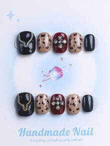10 Peças - Unhas Postiças Feitas à Mão, Formato Quadrado Arredondado Curto, Unhas Falsas, Unhas de Outono, Estilo Y2K, Resistentes, Pretas, Combinadas com Estilo Francês, Design 3D, Adequadas para Outono, Inverno, Uso Diário, Festas, Férias e Também o Melhor Presente de Feriado para Mulheres. - Preto - Visão 1