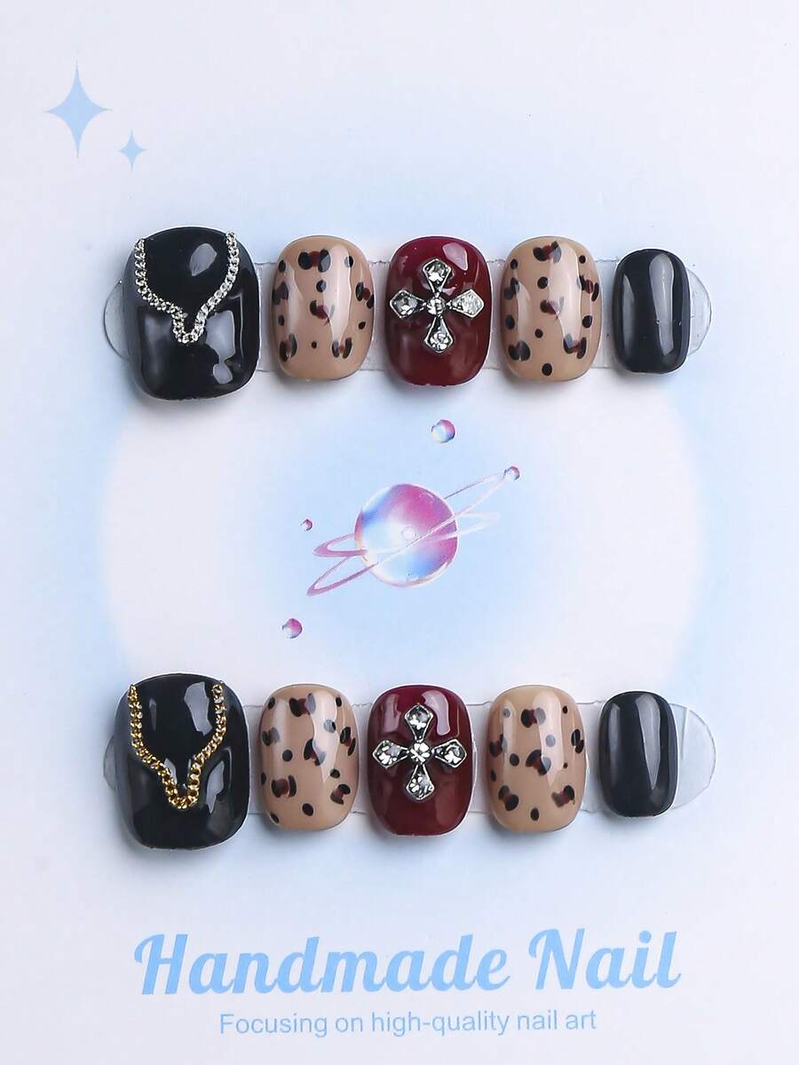 10 Peças - Unhas Postiças Feitas à Mão, Formato Quadrado Arredondado Curto, Unhas Falsas, Unhas de Outono, Estilo Y2K, Resistentes, Pretas, Combinadas com Estilo Francês, Design 3D, Adequadas para Outono, Inverno, Uso Diário, Festas, Férias e Também o Melhor Presente de Feriado para Mulheres. - Preto - Visão 1