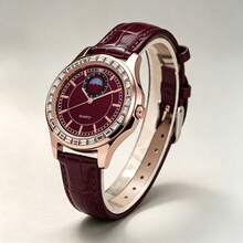 Women's Classic Fashion Rectangular Rhinestone Inlaid Round Case PU Leather Strap Bar Index Quartz Wristwatch Elegant Business Style Watch - Star and Moon - View 9
