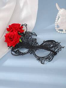 Black Lace Red Rose Masquerade Mask Hair Accessory, Suitable For Bridal Wedding, Bachelorette Party, Halloween Decoration - Black - View 6