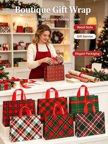 Christmas Plaid Non-Woven Gift Tote Bags, Reusable Waterproof Scottish Plaid Handbags With Red Handles, Christmas Holiday Plaid Pattern Gift Packaging Bags, Party Favor Bags - Multicolor - View 6