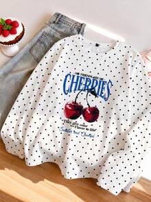 1pc Girls Big Kids White Base Black Polka Dot Cherry Print Long Sleeve T-Shirt, Retro American Sweet Style Loose Top For Spring And Autumn - White - View 1