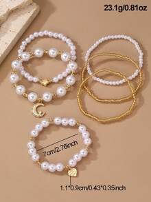 NAIZHU 6pcs Elegant Faux Pearl Star & Moon Pendant Bracelet Set, Suitable For Women's Daily, Dating And Party Wear - Multicolor - View 5