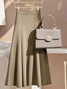 Women's Fashionable Elegant Casual Solid Color Skirt Spring - Khaki - View 3
