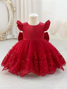 Baby Girl Elegant Minimalist Burgundy Round Neck Sleeveless Backless Detachable 3D Bow Dress, Suitable For Birthday Party, Evening Gala, Performance, Wedding, Ball, Opening Ceremony And Other Occasions. Baby Girl Daily Wear, Suitable For School, Outdoor Activities, Vacation - Burgundy - View 2