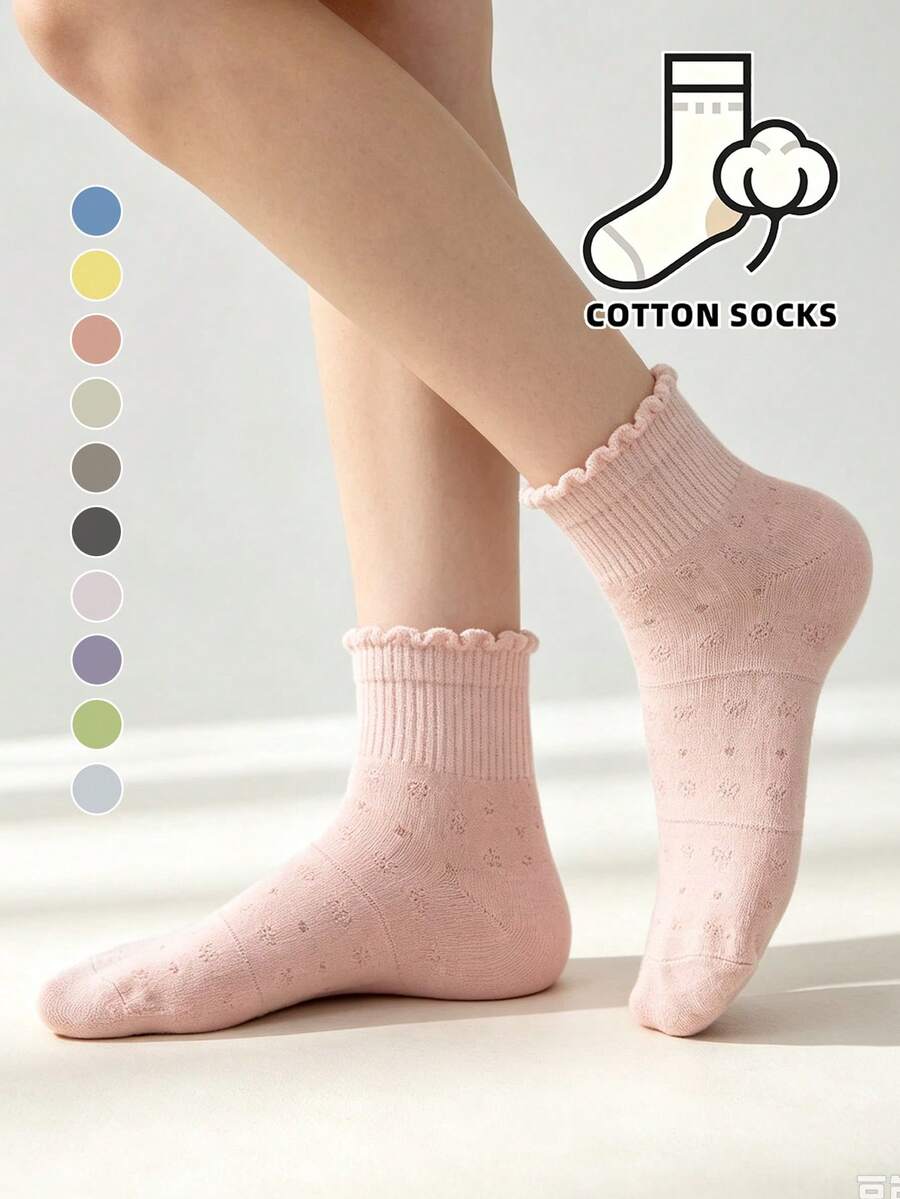 1/5/10 Pairs Women's Mesh Bow Knot Socks, Sweet Ruched Light Color Ankle Socks With Sweet Lettuce Edge Cuff, Soft Short Socks Suitable For Daily Wear, Women's Cotton Socks - Multicolor - View 1