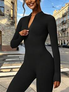 DINBEY 女款無縫羅紋半拉鍊長袖瑜伽連身衣，收腹提臀修身全身塑形健身連身衣，適合健身房運動 - 黑色 - 查看 3