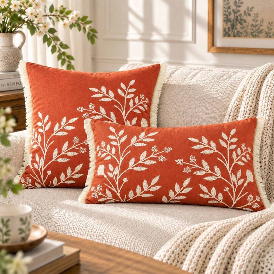 刺繡葉子抱枕套 波希米亞流蘇裝飾 客廳用 春夏單面靠墊套 尺寸 45.7x45.7cm 與 30.48x50.8cm