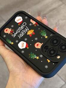 Matte Stepped Eye Frame Phone Case, Black Frame Phone Case, Full Print Cartoon Santa Claus Reindeer Christmas Tree Bell Snowflake Merry Christmas Pattern Raised Camera Protection Anti-Drop Soft TPU Protective Case, Compatible With Apple 11, 12, 13, 14, 15, 16, 17, 18 Pro Max. Minimalist Neutral Phone Case, Designed For Women - Black - View 3