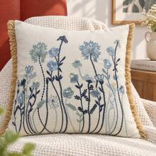 Embroidered Wildflower Throw Pillow Cover, Rustic Floral Decorative Cushion Cover With Fringe Trim, Farmhouse Fall Home Decor For Sofa Couch Bedroom, 1pc - Dusty Blue - View 8