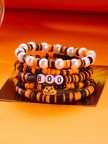 5Pcs Halloween Stackable Beaded Bracelets, Pumpkin BOO Letter Clay Bead & Faux Pearl Stretch Bracelet Set For Women Party Costume Jewelry - Multicolor - View 4