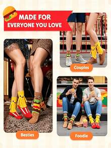1/2 Pairs Creative Cute Food Pattern Socks, Holding Hands Burger & Fries Cartoon Mid-Calf Socks, Fun Couple/Party Gift Socks, Suitable For Food Lovers Men & Women - Multicolor - View 5