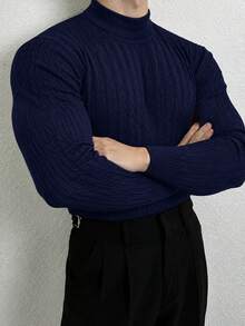Men's Navy Blue Cable Knit Turtleneck Sweater, 3D Textured Slim Fit Pullover Knit Top, Solid Color Inner Layer For Autumn/Winter Commute - Navy Blue - View 6