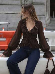 Aflion Women's Summer Autumn Deep Brown Ruffle V-Neck Short Chiffon Blouse, Flared Long Sleeve Front Tie Waist Blouse - Brown - View 7
