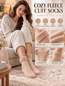 5 Pairs Women's Fleece Mid-Calf Socks, Autumn/Winter Warm Floor Socks, Solid Color Low-Key Pattern, Elastic Skin-Friendly, Indoor Warm Socks, Halloween Christmas - Multicolor - View 3