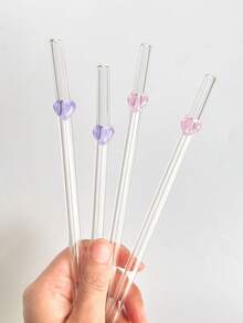 2/4pcs Pink/Purple Heart-Shaped Glass Drinking Straws, Reusable Curved Thick Transparent Glass Straw Set For Water Cups, Kitchen Accessories, Straw Decorative Caps, Cold Drinks, Milk Tea, Coffee, Bar, Home, Restaurant, Holiday, Summer - View 2