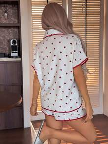 2pcs Women's Comfortable Red Heart Print Short Sleeve Collared Top And Shorts Pajama Set, Suitable For All Seasons - White - View 2