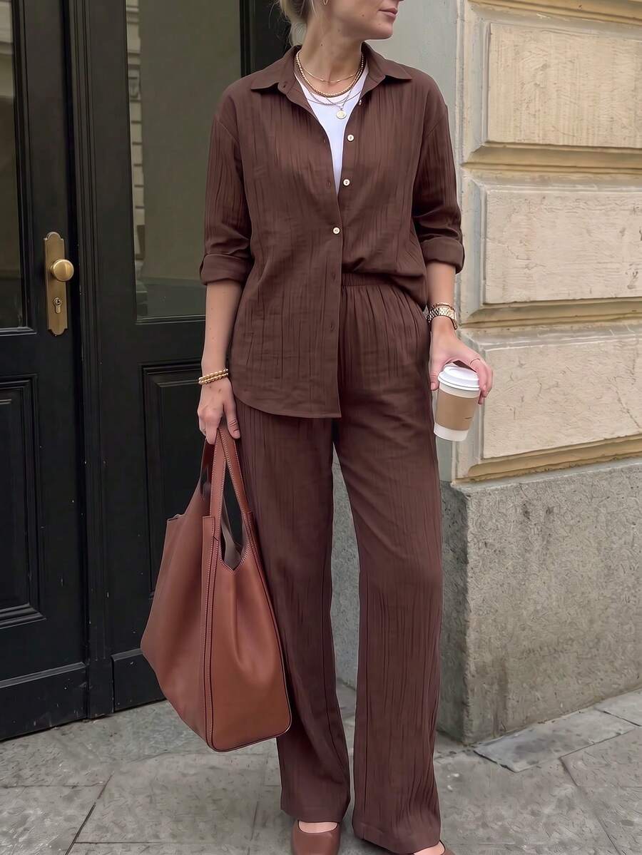 Spring/Autumn Solid Color Long Sleeve Petal Sleeve Shirt Set, Fashionable Minimalist Comfortable Skin-Friendly Essential For Home, Travel And Shopping - Brown - View 1