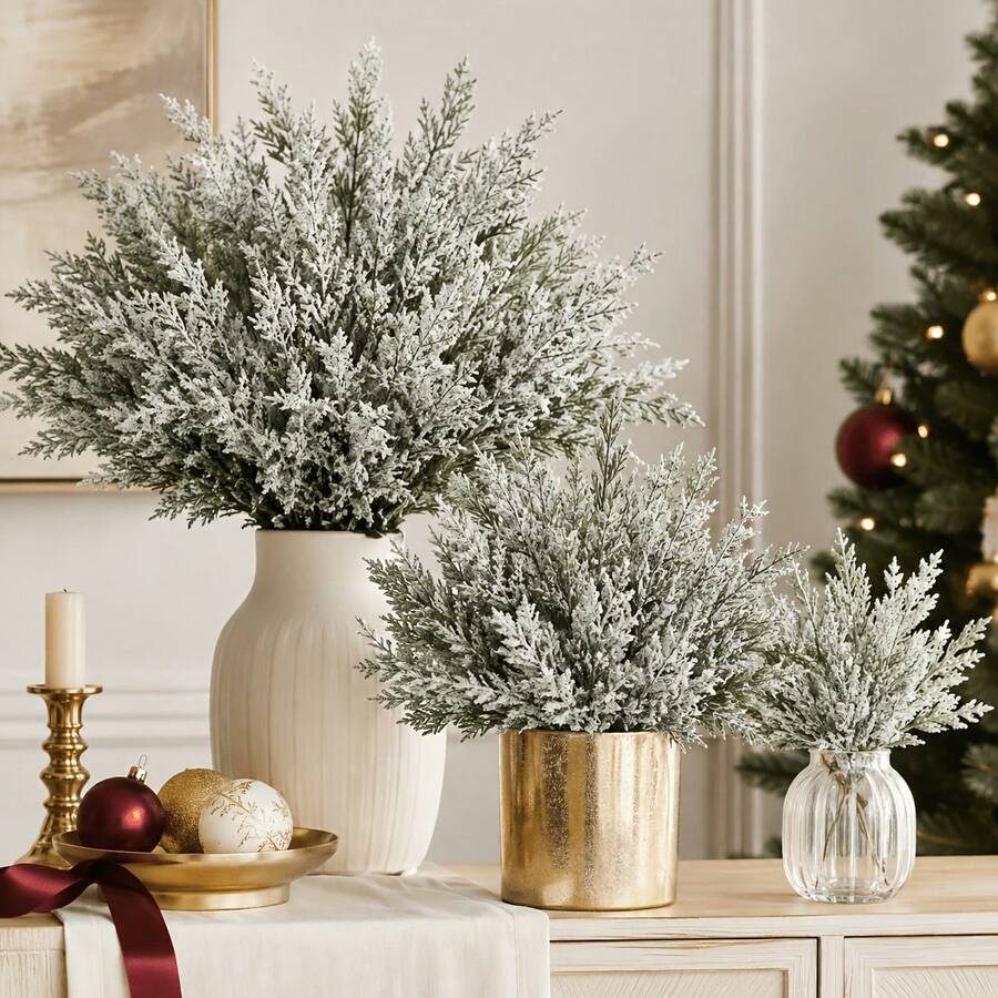 2 Packs 24pcs Realistic Frosted Norfolk Pine Branches With Snowflakes, 12.6 Inch Long Durable Plastic Indoor/Outdoor Christmas Tree Decor, Suitable For Wreaths, Vase Decoration, Winter Holiday Decor, All Seasons Christmas Decorations, Artificial Tree Decor - Multiple Styles - View 1