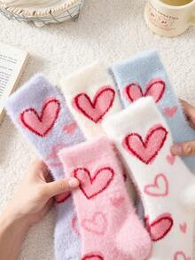 2 Pairs White & Pink Fuzzy Women's Mid-Calf Socks, Heart Pattern Warm Socks, Soft & Comfortable, Random Color - Multicolor - View 6