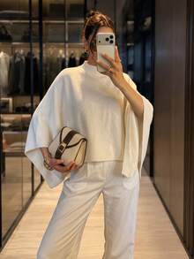 NOVELLE Women's White Sleeveless High Neck Poncho Knit Pullover Sweater, Asymmetric Loose Fit High Neck Sweater, Suitable For Daily Commute,Streetwear - White - View 11