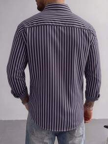 Men's Vertical Striped Long Sleeve Shirt, Turn-Down Collar Design, Chest Pocket, Front Button Closure, Loose Fit, Casual Daily Wear - Multicolor - View 2