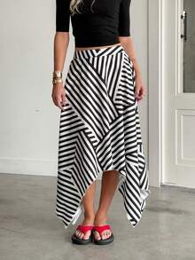 Designer Contrast Color Striped Asymmetrical Hem Skirt, High Waist Slimming Drape Mid-Length Skirt - Black and White - View 2