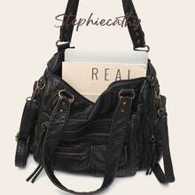 STEPHIECATHY Solid Color Washed PU Leather, Zipper Closure, Multi-Pocket Design, Women's Shoulder Crossbody Bag, Casual & Practical, Suitable For Daily Life - Black - View 1