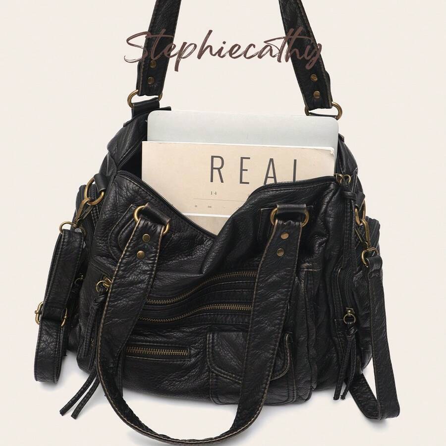 STEPHIECATHY Solid Color Washed PU Leather, Zipper Closure, Multi-Pocket Design, Women's Shoulder Crossbody Bag, Casual & Practical, Suitable For Daily Life - Black - View 1