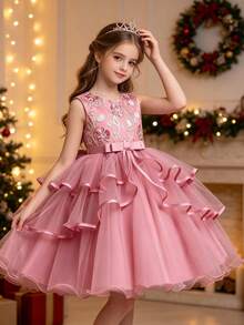 Tween Girl Luxury Short Party Dress, Flower Girl Wedding Birthday Formal Dress For All Season - Dusty Pink - View 2