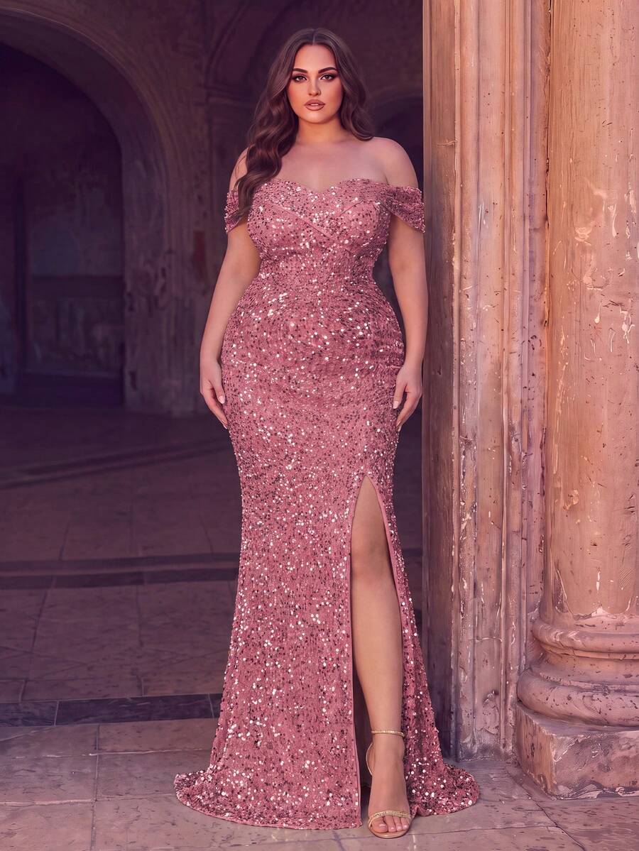 Plus Size Elegant Cold Shoulder Long Dress, Sequin Mermaid High Slit Fitted Cut, Suitable For Photography, Beach Vacation, Resort And Ball - Dusty Pink - View 1