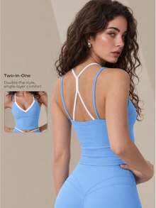 Women's 2-In-1 Double Strap V-Neck Removable Liner Sports Yoga Tank Top, High Support Y-Back Padded Fitness Training Vest - Blue - View 9