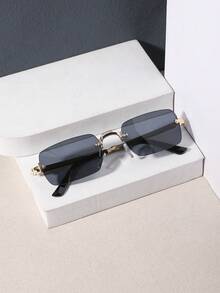 1 PC Men's Retro Rimless Rectangle Fashion Glasses Lightweight Metal Material Soft Tinted Lens For Beach Vacation Outing With Glasses Box - Multicolor - View 11