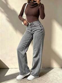 Women's Mid-Waist Grey Washed Wide Leg Jeans, Loose Straight Leg Denim Pants, Vintage Drape Floor-Length Trousers - Grey - View 3