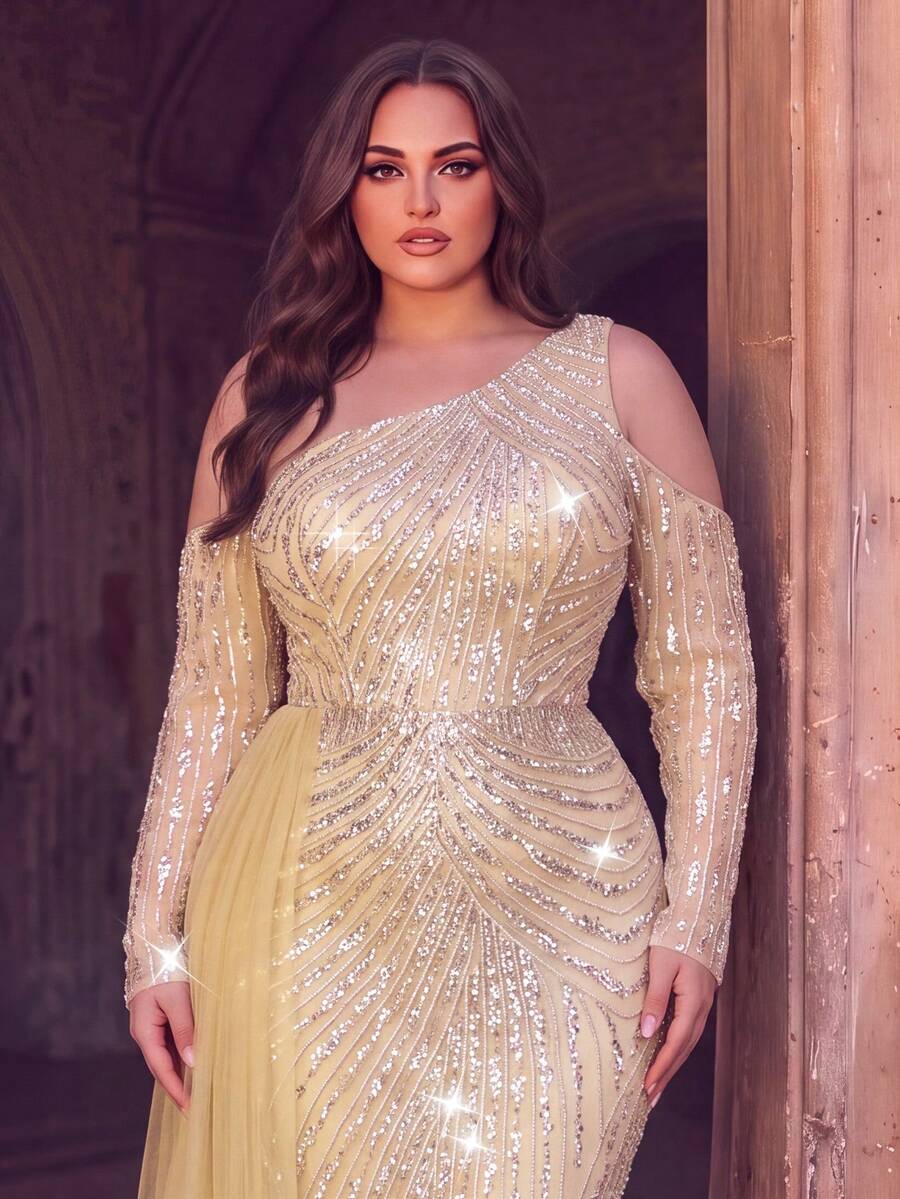 Plus Size Elegant One-Shoulder Sequin Long Sleeve Mermaid High Slit Train Fitted Evening Gown, Suitable For Photography, Beach Vacation - Champagne - View 1