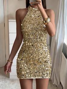 Unadoll Women's Autumn Champagne Sequin Halter Neck Backless Fitted Mini Dress Wedding Party Fall - Champagne - View 8